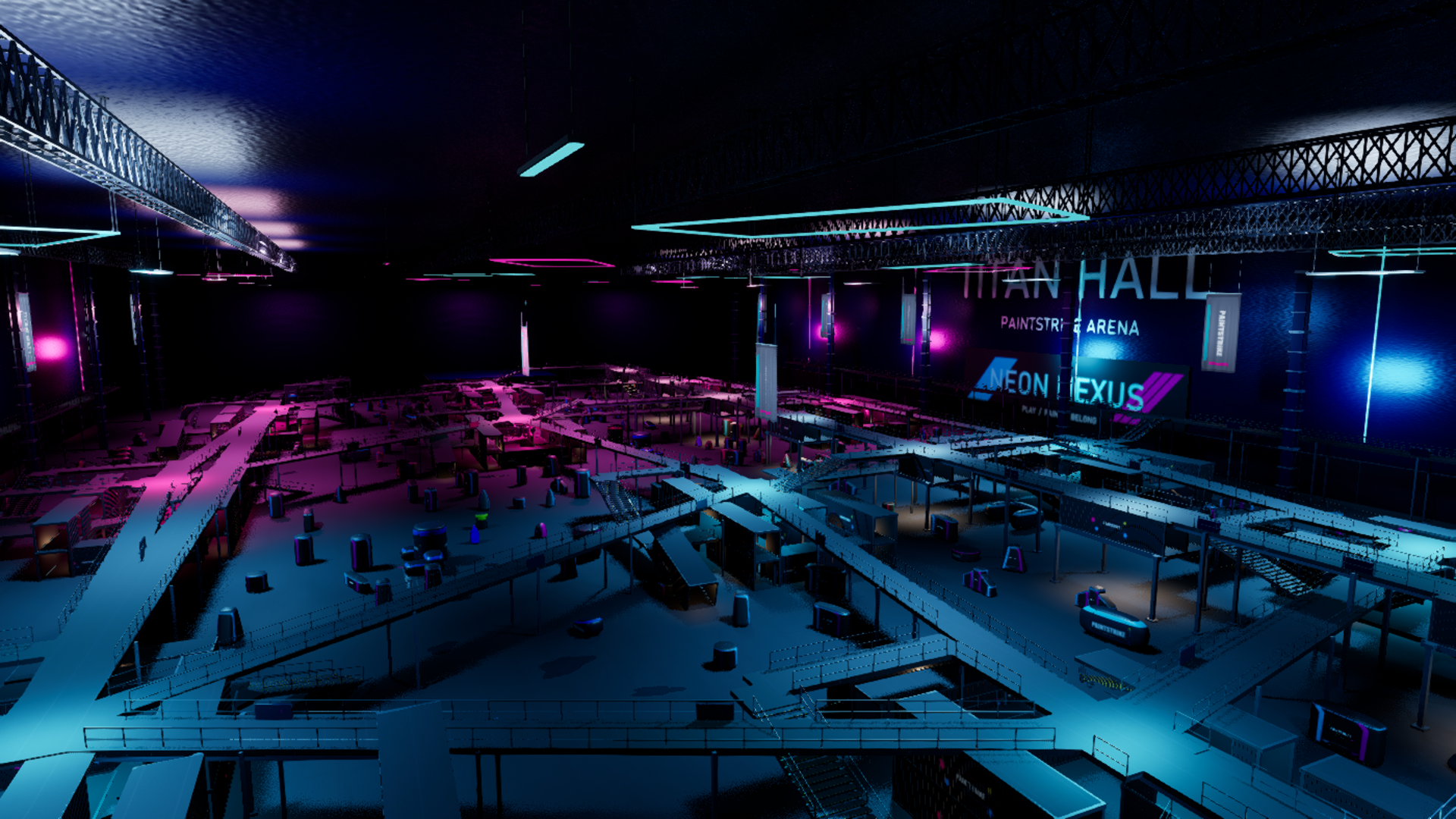 Titan Hall mit mehreren Ebenen, Laufstegen und magenta-cyaner Beleuchtung