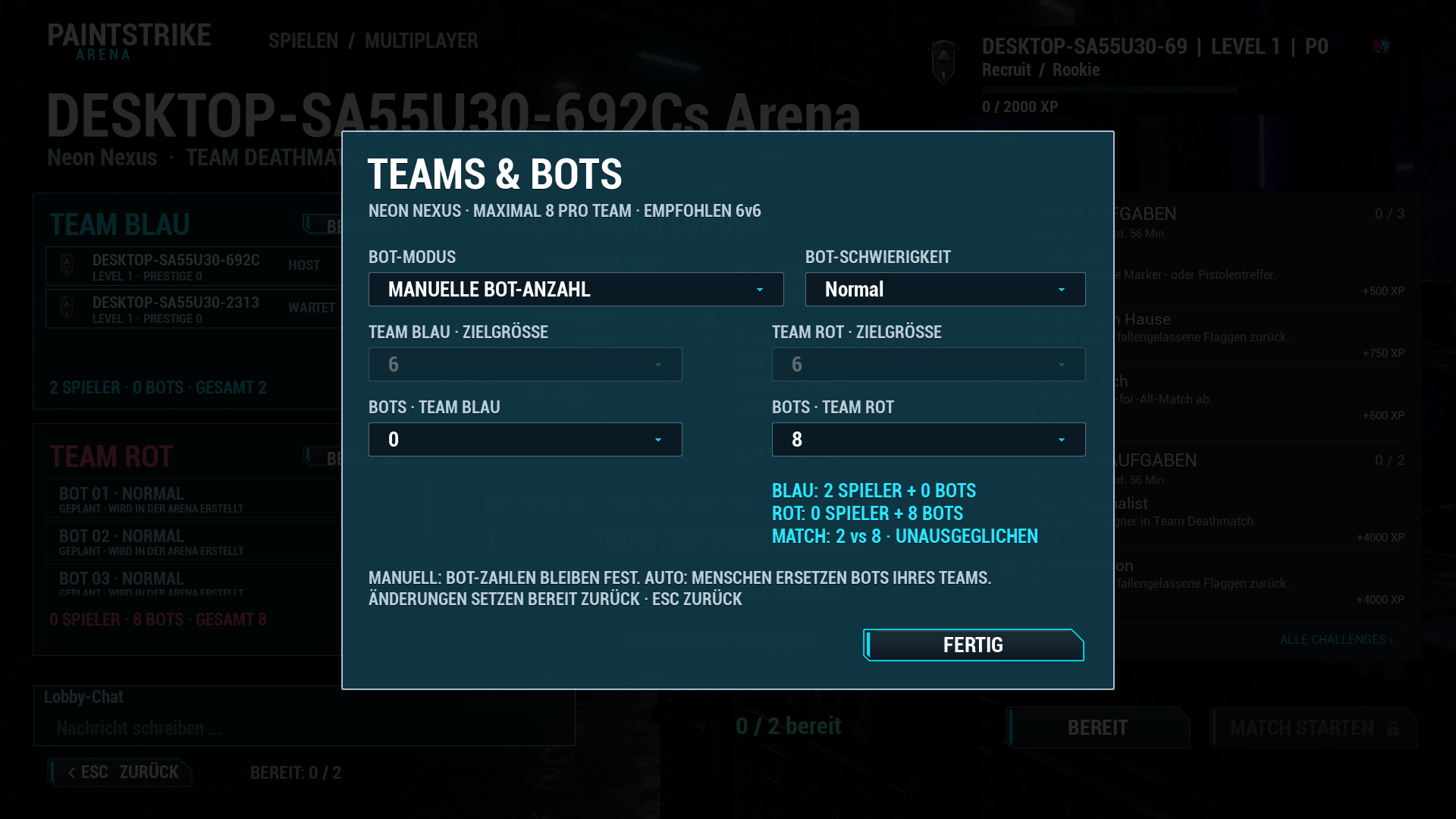 Teams-und-Bots-Menü in der PaintStrike-Arena-Lobby mit separater Bot-Anzahl für Blau und Rot und wählbarer Schwierigkeit