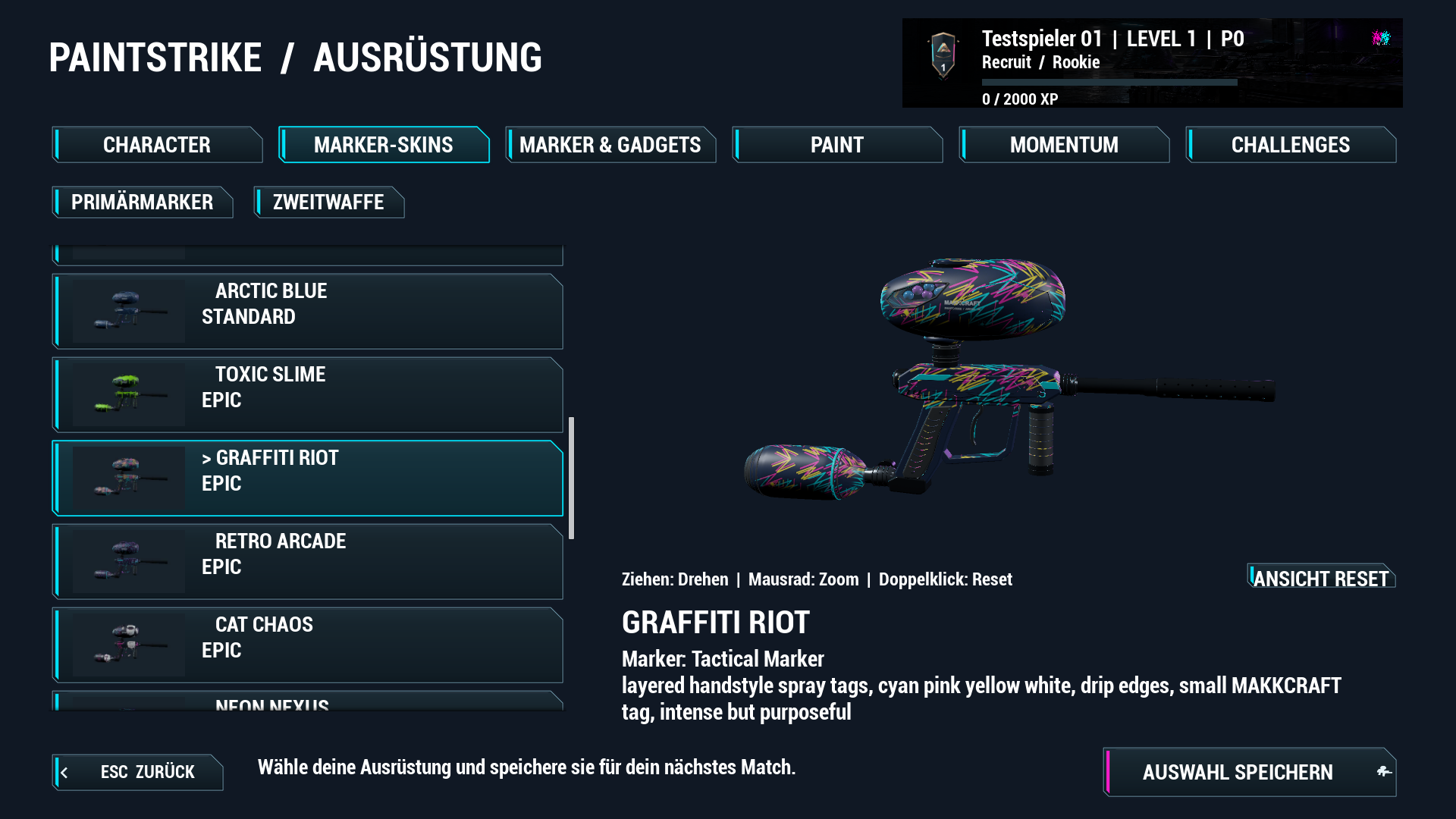 Neu geordnete Marker-Skin-Auswahl mit Graffiti Riot und großer drehbarer 3D-Vorschau