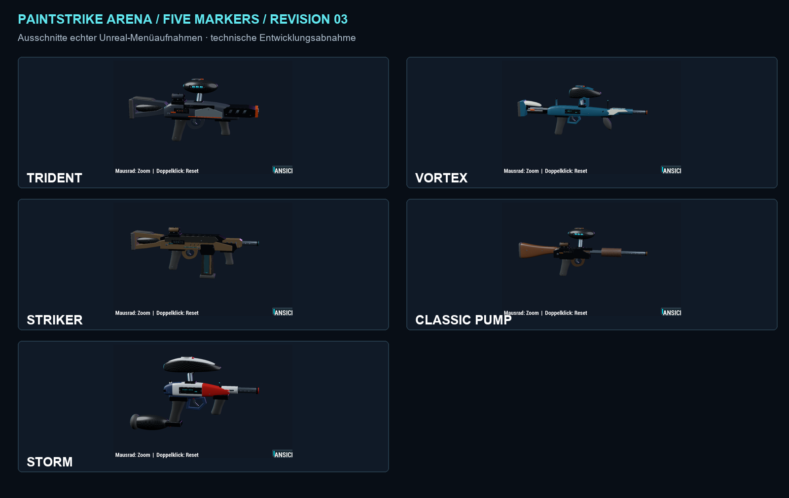 Trident, Vortex, Striker, Classic Pump und Storm aus tatsächlichen Unreal-Menüaufnahmen