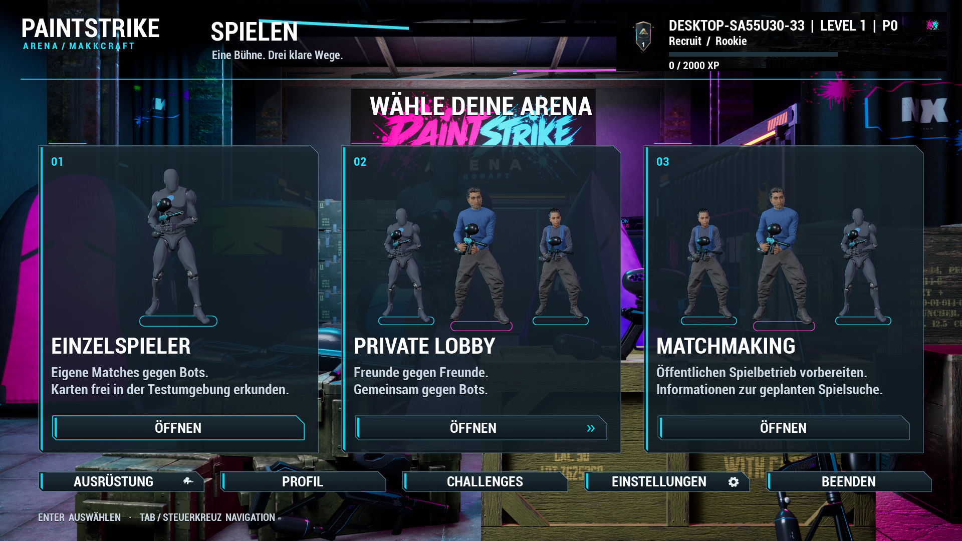 Hauptmenü mit drei Bereichen für Einzelspieler, private Lobby und Matchmaking-Informationen