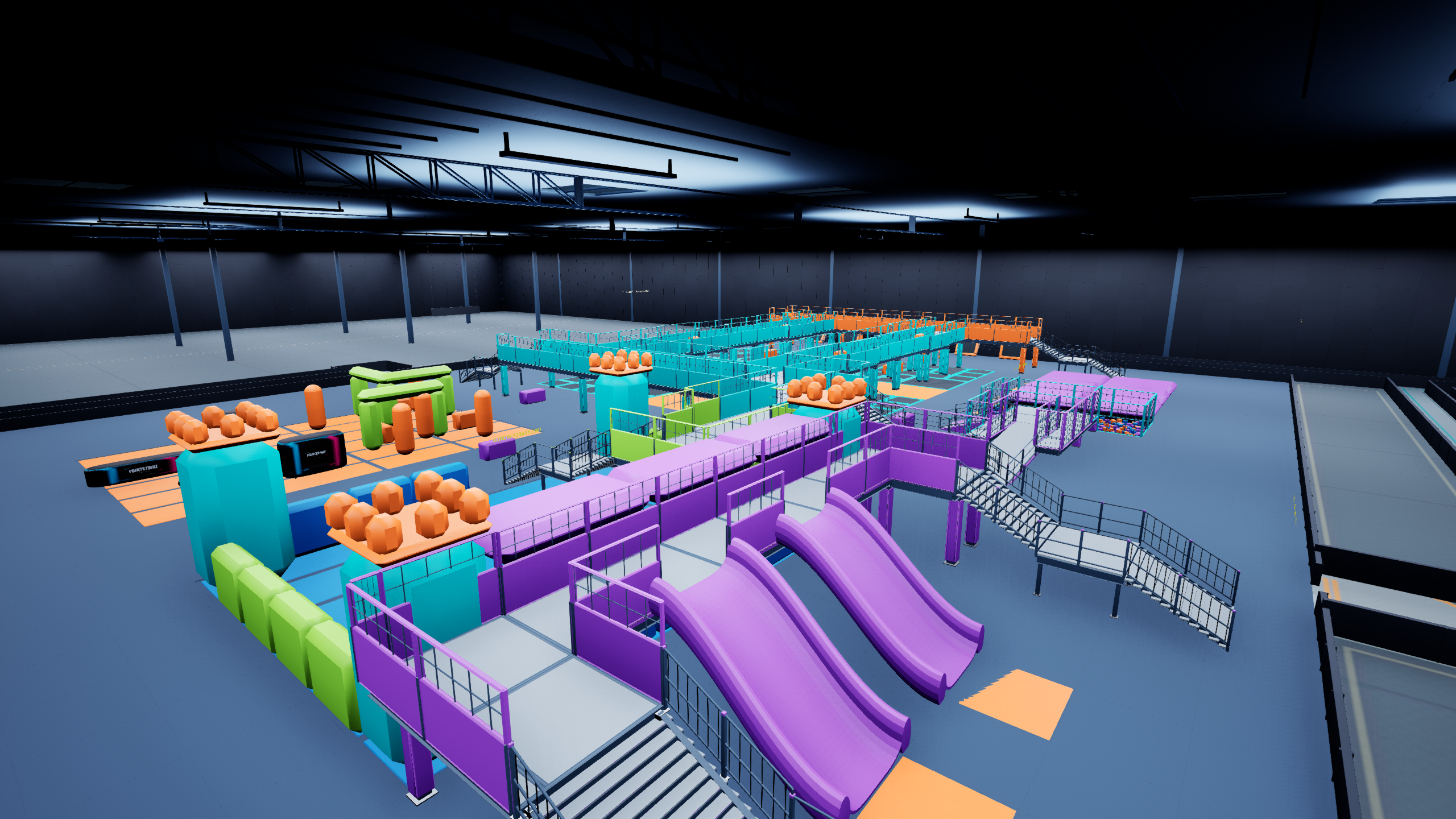 Trampolinpark mit blaugrauem Grundboden und unveränderten farbigen Attraktionen