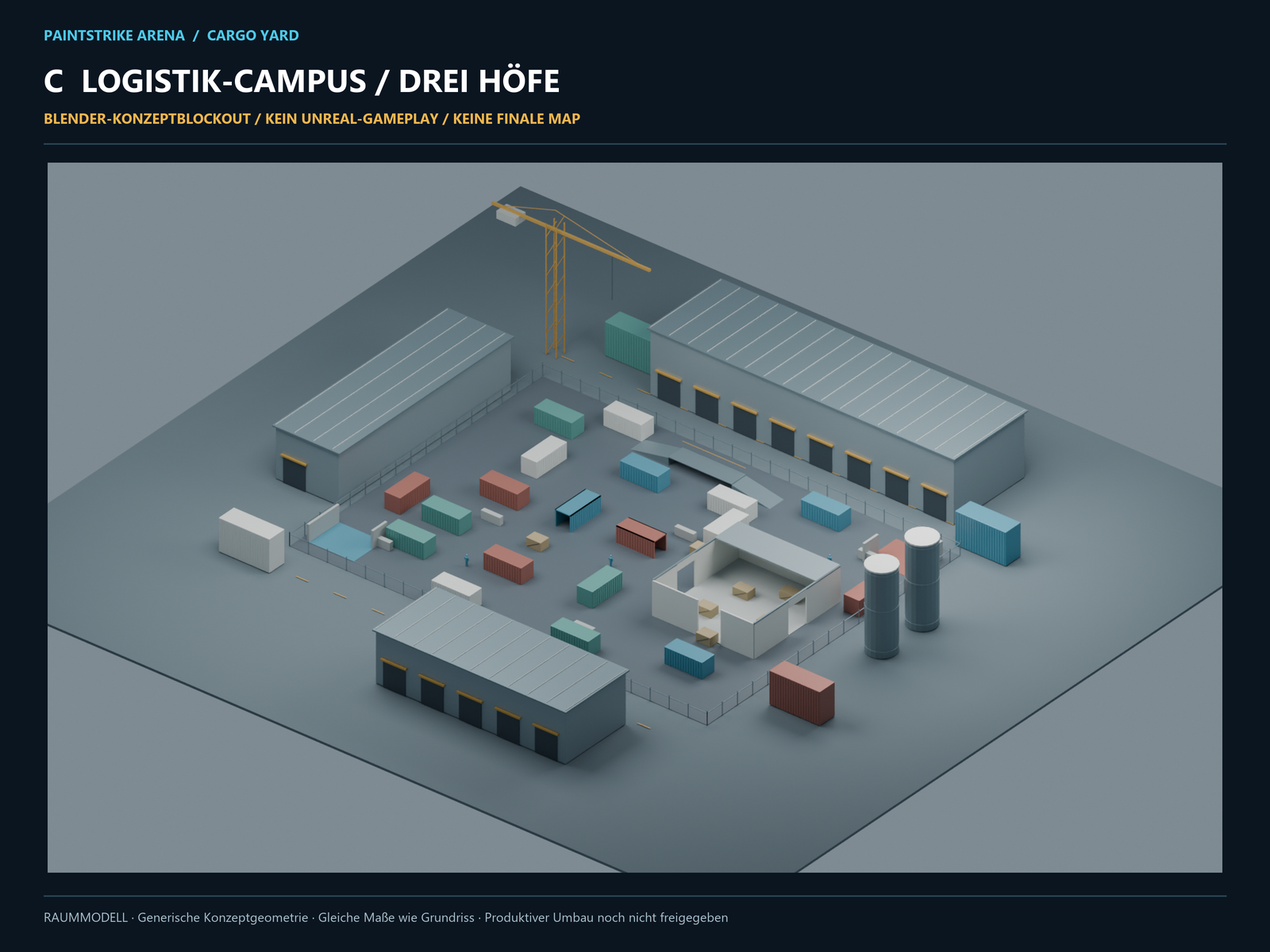Als Blender-Konzept gekennzeichneter Cargo-Yard-Entwurf C mit drei Höfen und Ladehalle