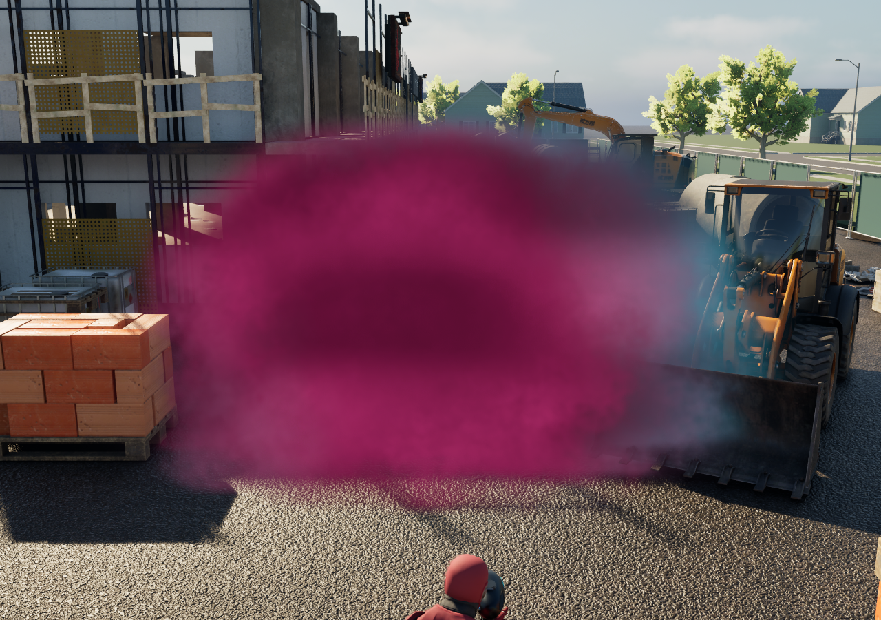 Magenta-blaue Rauchwolke vor einem Rohbau und Baufahrzeug auf Construction Site