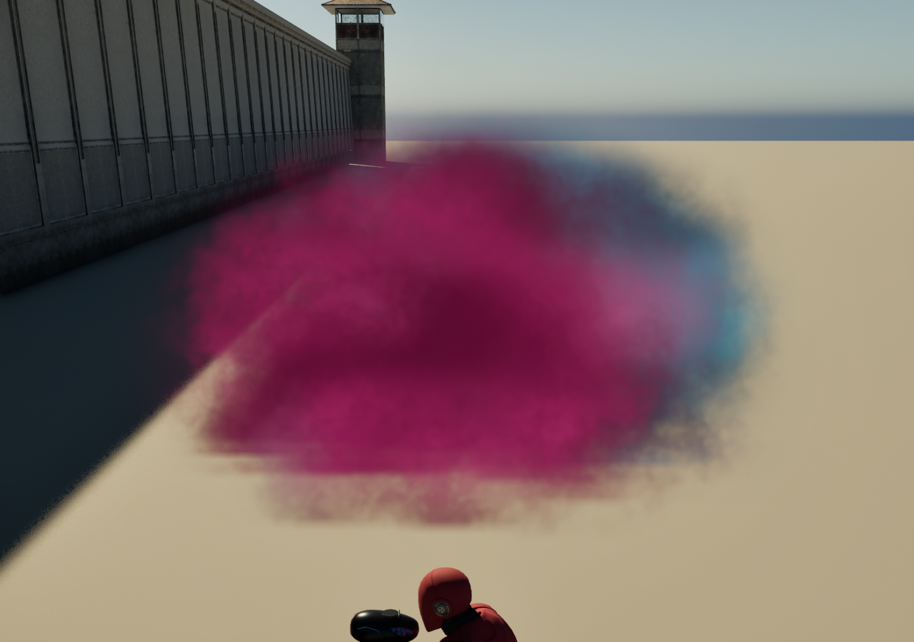 Magenta-blaue Rauchwolke an der Umfassungsmauer auf Prison