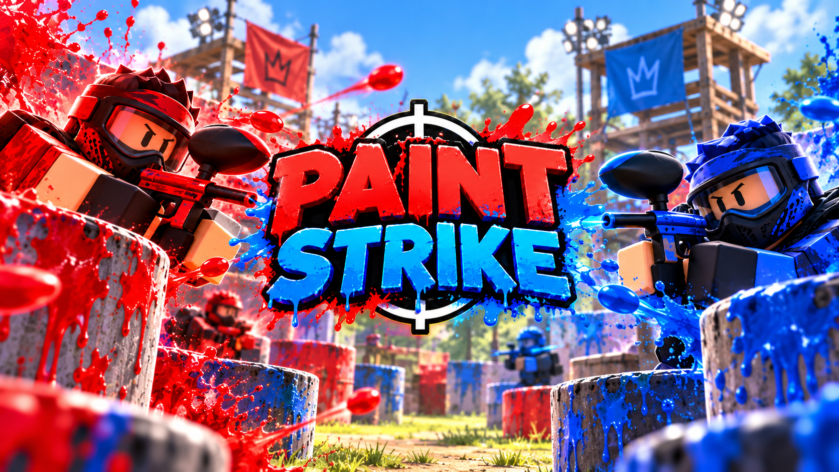 Offizielles PaintStrike-Release-Artwork mit rotem und blauem Paintball-Team